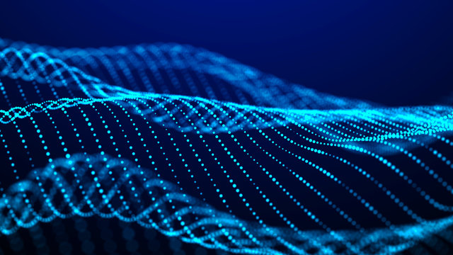 Digital technology background. Dynamic wave of glowing particles. Abstract background. 3d rendering.