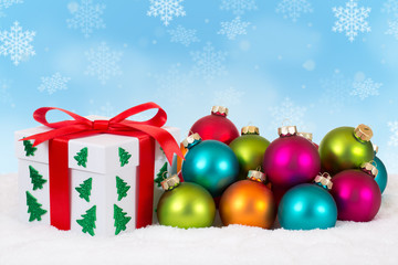 Naklejka na ściany i meble Christmas gift decoration present card snow snowflakes copyspace copy space colorful balls