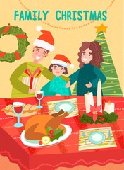 Family Christmas dinner table cartoon with happy parents and kid, with presents, Christmas tree and roasted turkey. Colorful holiday postcard concept