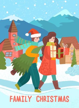 Man and woman coming home with presents and Christmas tree for celebration Family Christmas holiday. Walking by snowbound cozy town street with mountains in background. Nice postcard concept cartoon