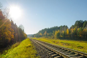 Rugzak spoorlijn in het herfstbos. spoorweg in de herfstavond © vitalily_73