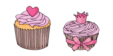 cupcake with pink cream and heart pink and cupcake with crown and pink bow on a white background