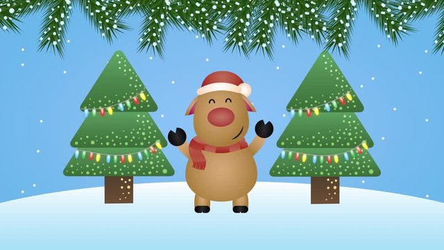 happy merry christmas animation with reindeer in snowscape