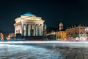 Gran Madre di Dio Church in Turin, City illuminated at night