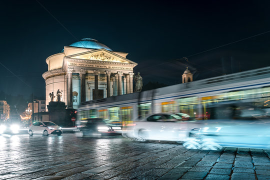 Gran Madre di Dio Church in Turin, City illuminated at night