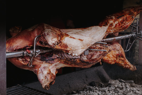 Pork meat getting grilled