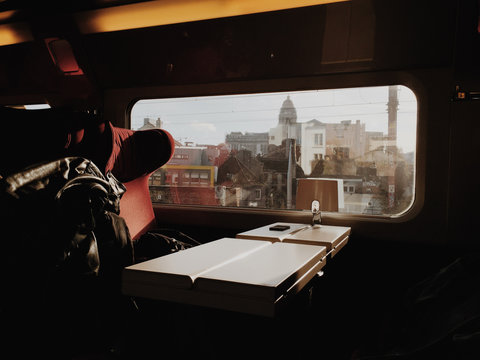 Train interior with empty tables