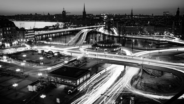 Aerial view of city at night