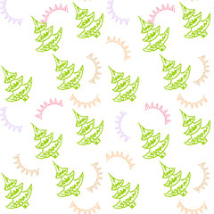 Fir tree endless pattern. Green Christmas tree, red violet flag on white art design elements stock vector illustration for web, for print, for wallpaper, for wrapping paper