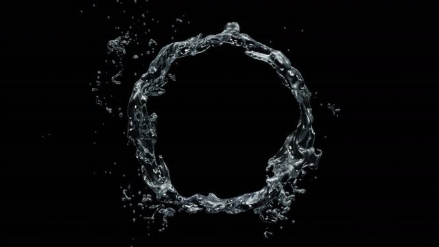 Water circle looping with reflections on black background, Water Splash Spinning flow, Liquid Wave shape from crystal nature water and bubble drop, slow motion, rapid, with Alpha Channel