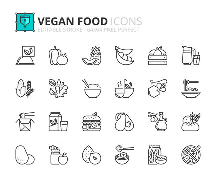 Simple set of outline icons about vegan food. Fruits, vegetables, beans, nuts, grains and soy.