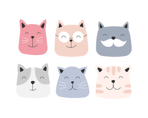 Set of cute cat faces. Vector illustration for kids.