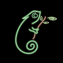 Neon chameleon logotype on black background. Green animal silhouette on black backdrop. Lizard logo design template.