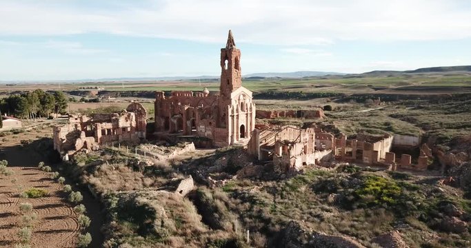 Aerial view of destroyed old church of Spanish town Belchite 