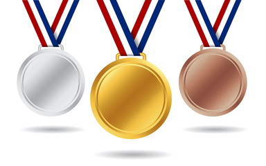 Gold, silver, bronze medals. 3d award medal for 1st, 2nd, 3nd place. Blank insignia of medal with red, white, blue ribbon for victory of winner. Champion reward. Design honor medal isolated. vector - obrazy, fototapety, plakaty