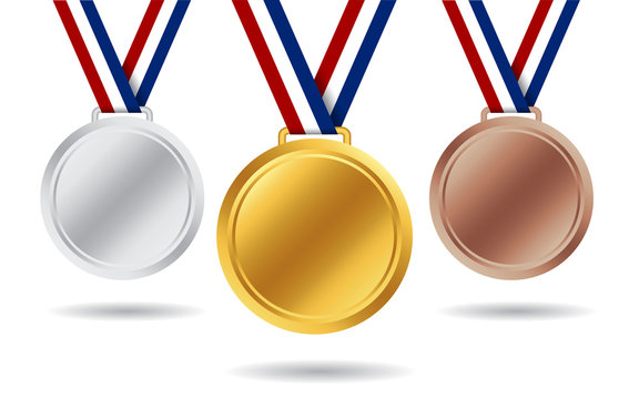 Gold, silver, bronze medals. 3d award medal for 1st, 2nd, 3nd place. Blank insignia of medal with red, white, blue ribbon for victory of winner. Champion reward. Design honor medal isolated. vector