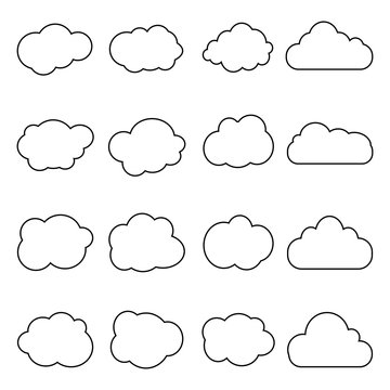 Cloud icon in line style. Set of art clouds shape in flat linear style. Outline simple black cloud of sky. Storage solution databases, software image, cloud and meteorology concept. vector