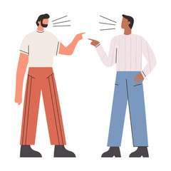 Unhappy men arguing. Two people pointing fingers at each other. Concept of addicted partner, bad relationships, two angry people. Flat vector illustration