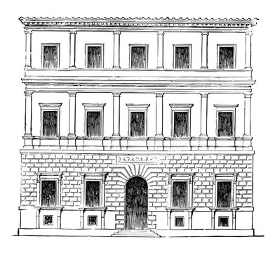 Small Palace at Rome by Balthazar Peruzzi vintage engraving.