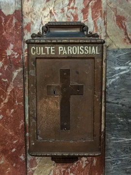 Old French Church Collection Box With Cross On Marble Wall