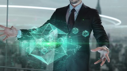 Businessman with Cryptocurrency Trading Strategies hologram concept