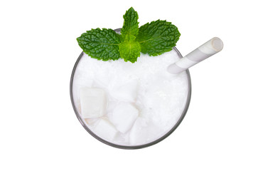 Coconut smoothie white fruit juice milkshake blend beverage healthy high protein the taste yummy In glass drink episode for weight loss isolated white background with clipping path from top view.