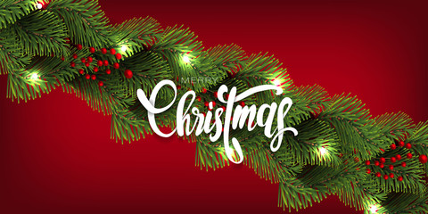 Merry Christmas and happy new year banner. Realistic Tree Branches and lights Xmas design, handwriting christmas font