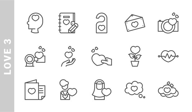 love 3 icon set. Outline Style. each made in 64x64 pixel