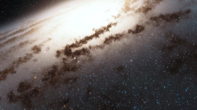 Camera on spaceship flies at the speed of light through a galaxy in space. Billions of stars in the Milky Way or Andromeda galaxy