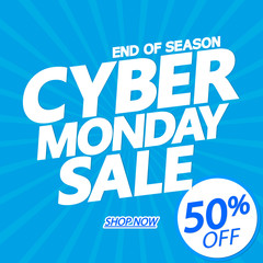 Cyber Monday Sale, 50% off, poster design template, end of season, vector illustration