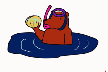 a bear diver holding shellfish