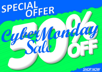 Cyber Monday Sale, 50% off, special offer, poster design template, vector illustration