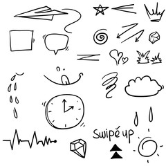 set of doodle design elements. Arrow, heart, love, speech bubble, star, leaf, sun,crown, king, queen,Swishes, swoops, emphasis ,swirl, heart,gem cartoon style