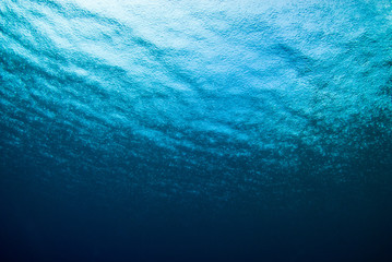 A shot taken from beneath the surface of the sea looking up at the sky. The light patch is the sun...