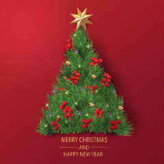 Merry Christmas and Happy New Year. Christmas greeting card in red background with decoration.