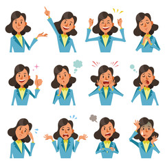 黒髪のビジネスウーマンのバストアップ、様々な表情12種類