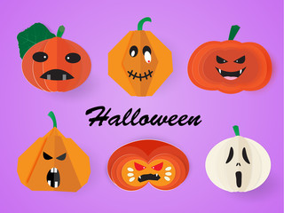 Greeting card for Halloween with set of scary pumpkin.