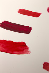 This is a photograph of Red Lipstick swatches isolated on a White background