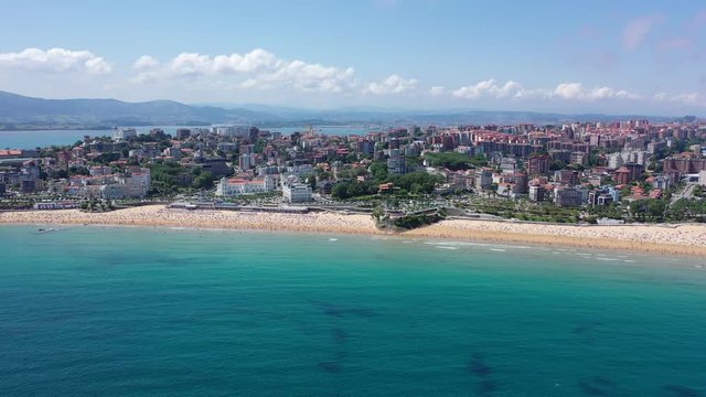 Day aerial cityscape of Santander coast with sand beach, Cantabria,  Spain 