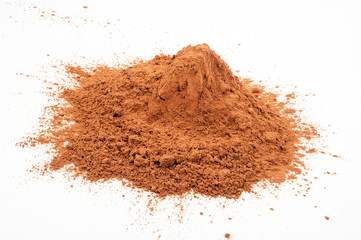Pile cocoa powder on white background