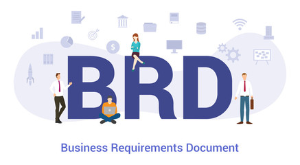 brd business requirements document concept with big word or text and team people with modern flat style - vector