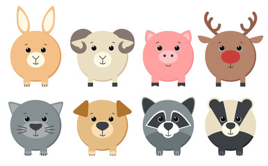 Set of cute animals. Stylized round shape. Children's illustration. Wild, farm and domestic animals, mammals isolated on white background. Vector.