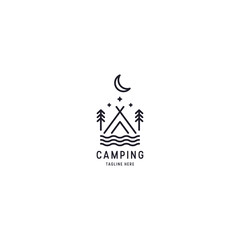 Outdoor Logo of Camping And Adventure. Travel, Vacation, Forest, Line art, Retro Vector Illustration