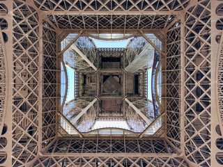 View looking straight up from underneath the Eiffel Tower in Paris, France