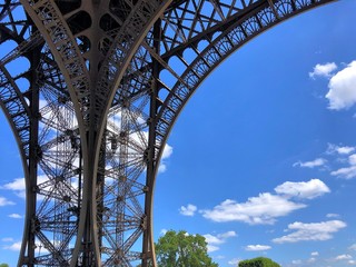 Close up from under the Eiffel Tower structure in Paris, France