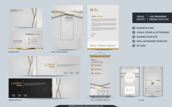 Luxury white gold stationery mock up set and visual brand identity with abstract overlap layers background.
