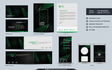 Modern black green stationery mock up set and visual brand identity with abstract overlap layers background.