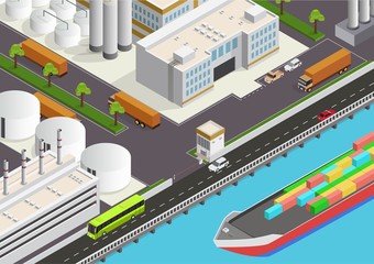 isometric industrial area with view of sea and cargo ship
