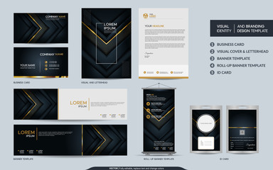Luxury black gold stationery mock up set and visual brand identity with abstract overlap layers background