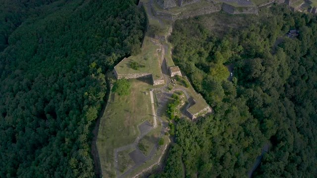 Aerial flyover of the Takeda castle ruins in Asago Japan